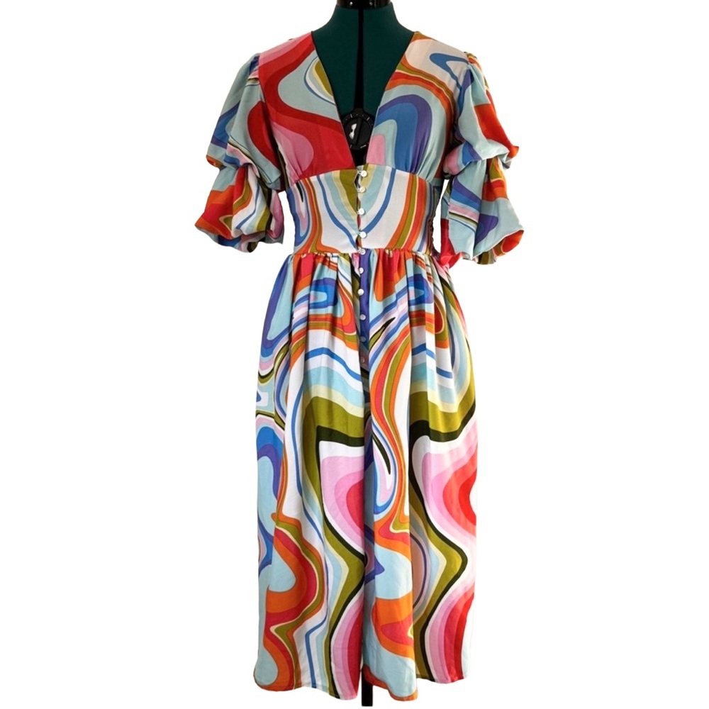 Wishing Waves Puff Sleeve Multicolor Button Front Fit and Flare Dress Size M